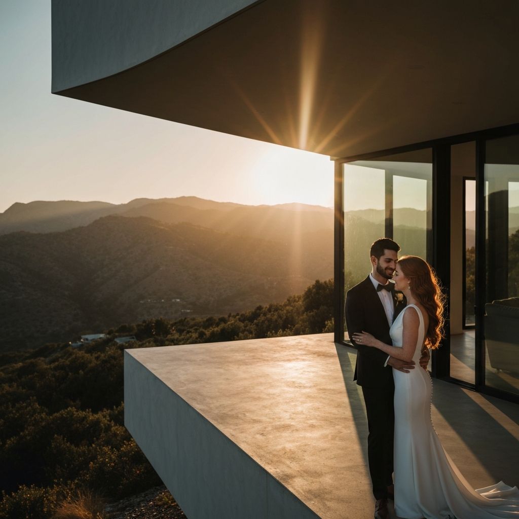 Wedding couple embracing on a mountain cliff at golden hour