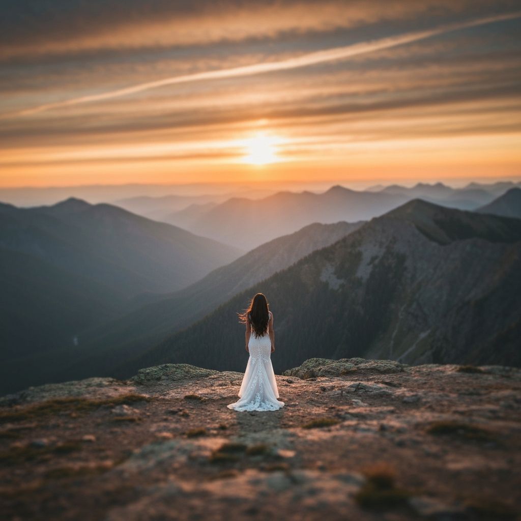Bride standing on mountain overlook at sunset